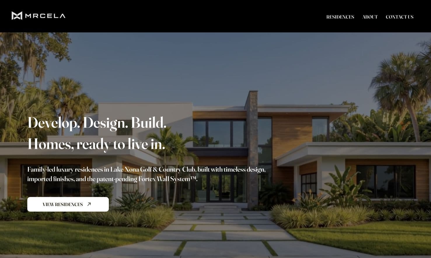 Mrcela Homes homepage hero — the current live site