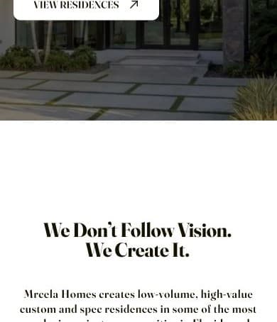 Mobile view of the current live Mrcela Homes homepage, scrolled to the studio statement section