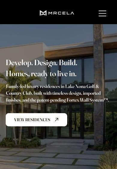 Mobile view of the current live Mrcela Homes homepage hero