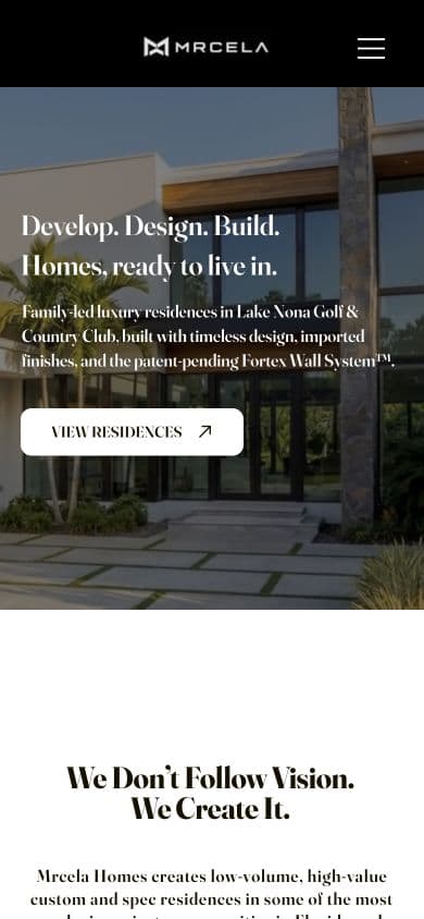 Mobile view of the current live Mrcela Homes homepage